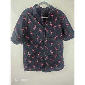 Men's,  H&M pink Flamingo short sleeve button up, "regular fit", shirt